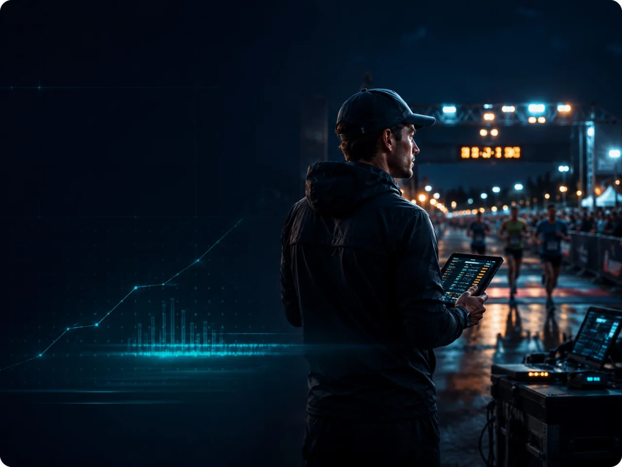 Organizador supervisando una llegada nocturna desde una estación de control