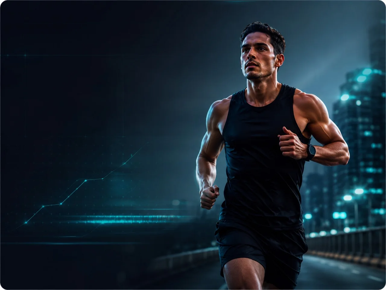 Corredor entrenando de noche con visualización tecnológica de evolución deportiva